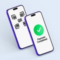 3D illustration of two smartphones displaying QR code and payment completed screen