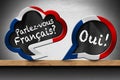 Parlez-vous Francais and Oui - Two Speech Bubbles on Wooden Shelf