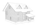 3d illustration of a two-storey cottage house. Line drawing. Walls from blocks Royalty Free Stock Photo