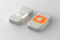3D rendered illustration of two toggle switches in off and on positions with smooth design, white and orange sliders, set against Royalty Free Stock Photo