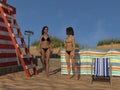 Illustration of two women on a beach next to a lifeguard station