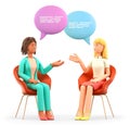 3D illustration of two women meeting and talking with speech bubbles. Multicultural female characters sitting in chairs