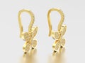 3D illustration two yellow gold decorative diamond butterfly ear