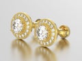 3D illustration two yellow gold diamonds earrings with reflection