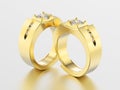 3D illustration two yellow gold men signet diamond rings