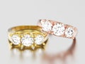 3D illustration two yellow and rose gold three stone diamond rings