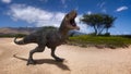 3D illustration of a Tyrannosaurus Rex dinosaur from the Cretaceous period standing and roaring in a landscape scene
