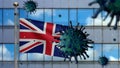 3D illustration United Kingdom flag on city with Coronavirus. Britain Covid 19 Royalty Free Stock Photo
