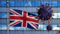 3D illustration United Kingdom flag on city with Coronavirus. Britain Covid 19 Royalty Free Stock Photo