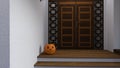 3d illustration of an unlit pumpkin sitting on the front porch of a house w