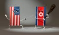 3d illustration of a US flag with a sword fighting the flag of North Korea with a primitive club