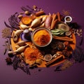 Intense Coloration: A Vibrant Display Of Spices On A Lavender Background