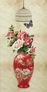 3d illustration vase . colorful flowers and butterfly with light background . suitable for print on canvas for wall art frame .