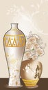 3d illustration vase with golden flowers in light background .