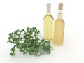 3d illustration of a vegetable oil in bottles and parsley on a white background