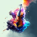 3d illustration of a violin in a cloud of colorful smoke. AI Generated