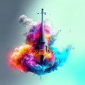 3D illustration of a violin in a cloud of smoke. 3D Render AI generated