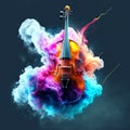 3d illustration of a violin in a colorful cloud of smoke. Generative AI