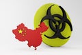 3D ILLUSTRATION VIRUS, CHINA MAP AND BIOHAZARD SYMBOL,CORONA VIRUS, Flu coronavirus floating, micro view, pandemic virus infection