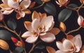 3d illustration wallpaper. Beautiful gold magnolia flowers on black floral background. interior home decoration