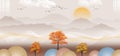 3d illustration wallpaper landscape art. trees with mountains in the light background with white clouds and birds.