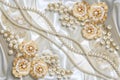 3D wallpaper texture, Jewelry flowers and white pearls on silk. Celebration 3d background. Royalty Free Stock Photo