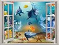 3d illustration wallpaper under sea dolphin, Fish, Tortoise, Coral reef sand water with broken wall bricks background. will visual