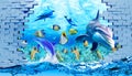 3d illustration wallpaper under sea dolphin, Fish, Tortoise, Coral reef sand water with broken wall bricks background.