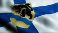 3D Waving Finland City Flag of Nokia Closeup View