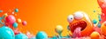 3D illustration of a whimsical, orange creature surrounded by splashes of colorful liquid and floating spheres against a