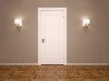 3d illustration of white closed door with two lamps
