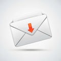 A 3D illustration of a white envelope with a red downward arrow on the flap. The Royalty Free Stock Photo