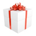 3D illustration of white gift box with red ribbon
