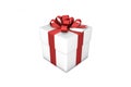 3d illustration: White gift box with red silk ribbon / bow and tag on a white background isolated. Royalty Free Stock Photo