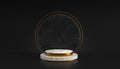 3d illustration of white marble podium isolated on luxury black background, elegant round gold frame with cylinder steps Royalty Free Stock Photo