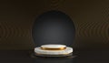 3d illustration of white marble podium isolated on luxury black background, elegant round gold frame with cylinder steps Royalty Free Stock Photo