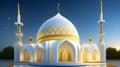3d illustration of white mosque with golden domes at night