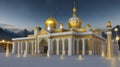 3d illustration of white mosque with golden domes at night