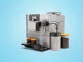 3d illustration of white professional automatic coffee machine with coffee grinder on blue background with shadow