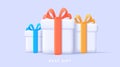 3d illustration of white render style gift boxes with bright colored ribbons with bows