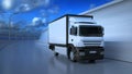 3D illustration of white truck moving on highway in sunny summer day