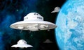 3D Illustration of a UFO Squadron Approaching Earth