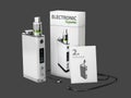 3d Illustration of White Vape Pen with box and charge cable. isolated black