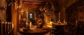 3D illustration wide panorama of a fantasy medieval tavern with food and drink on tables around an open fireplace