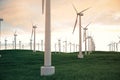 3d illustration, wind turbine with sunset sky. Energy and electricity. Alternative energy, eco or green generators Royalty Free Stock Photo