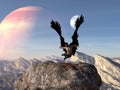 Illustration of a winged man falling toward a boulder on an alien world with a planet and moon in the background Royalty Free Stock Photo