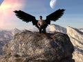 Illustration of a winged man kneeling atop a boulder while leaning backward on an alien world with a planet and moon in the Royalty Free Stock Photo