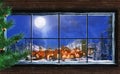 3d Illustration of winter christmas scene through wood cabin window