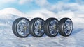 3d illustration winter tires on a background and slippery winter road. Winter tires concept. Concept tyres, winter tread Royalty Free Stock Photo
