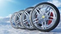 3d illustration winter tires on a background and slippery winter road. Winter tires concept. Concept tyres, winter tread Royalty Free Stock Photo